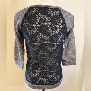 Express lace sweater Heather gray & semi sheer black lace crop sleeves SZ XS